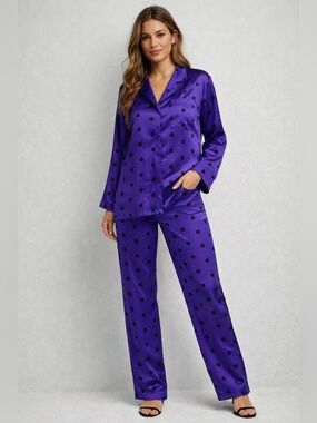 Vintage Victoria Secret Satin Pajama Set Royal Purple Black Polka Dots Size M